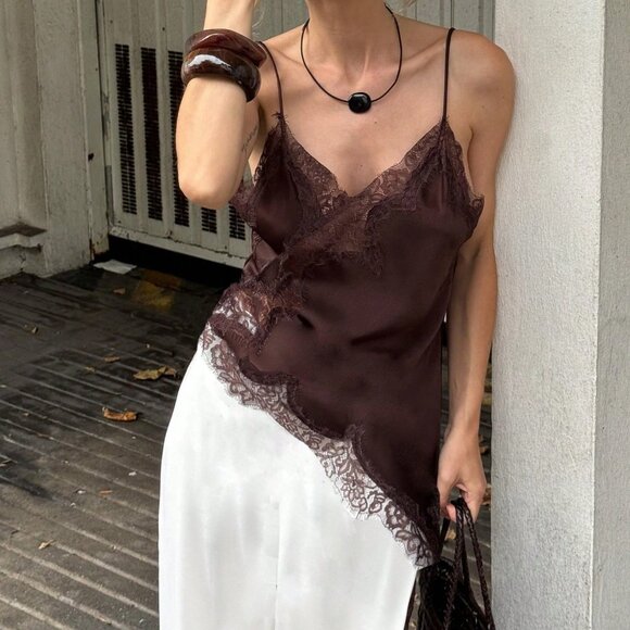 Chocolate Brown Elegant Women's Satin Lace Trim Asymmetric Camisole - Picture 1 of 4